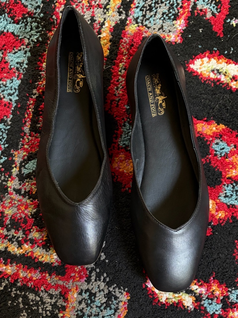 Coach and Four Black Leather Square-Toe Ballet Flats - Size 6